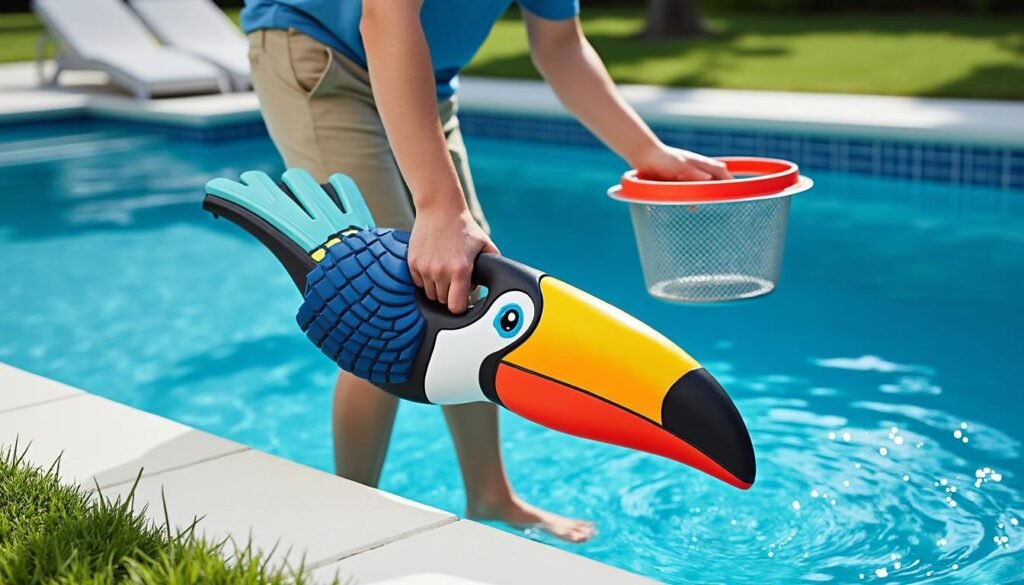 découvrez le gant de nettoyage toucan, l'accessoire malin et efficace pour récurer facilement les paniers de skimmer et garder votre piscine impeccable.